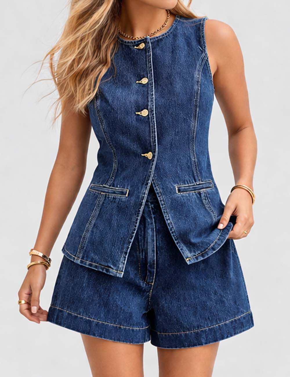 Ladies Sleeveless Denim Vest & Shorts Matching Set